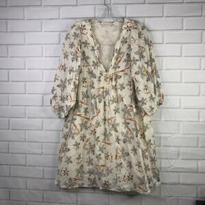 Anthropologie Caballero Cotton Floral Babydoll Dress Puff Sleeve Large Cream
